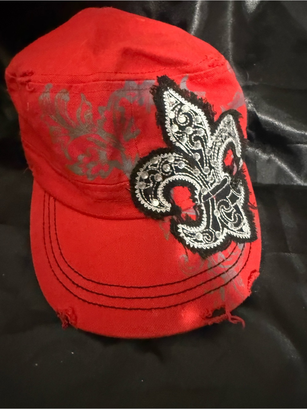 Red and Black Fleur De Lis Embellish Distressed Cadets Hat w/ Rhinestones